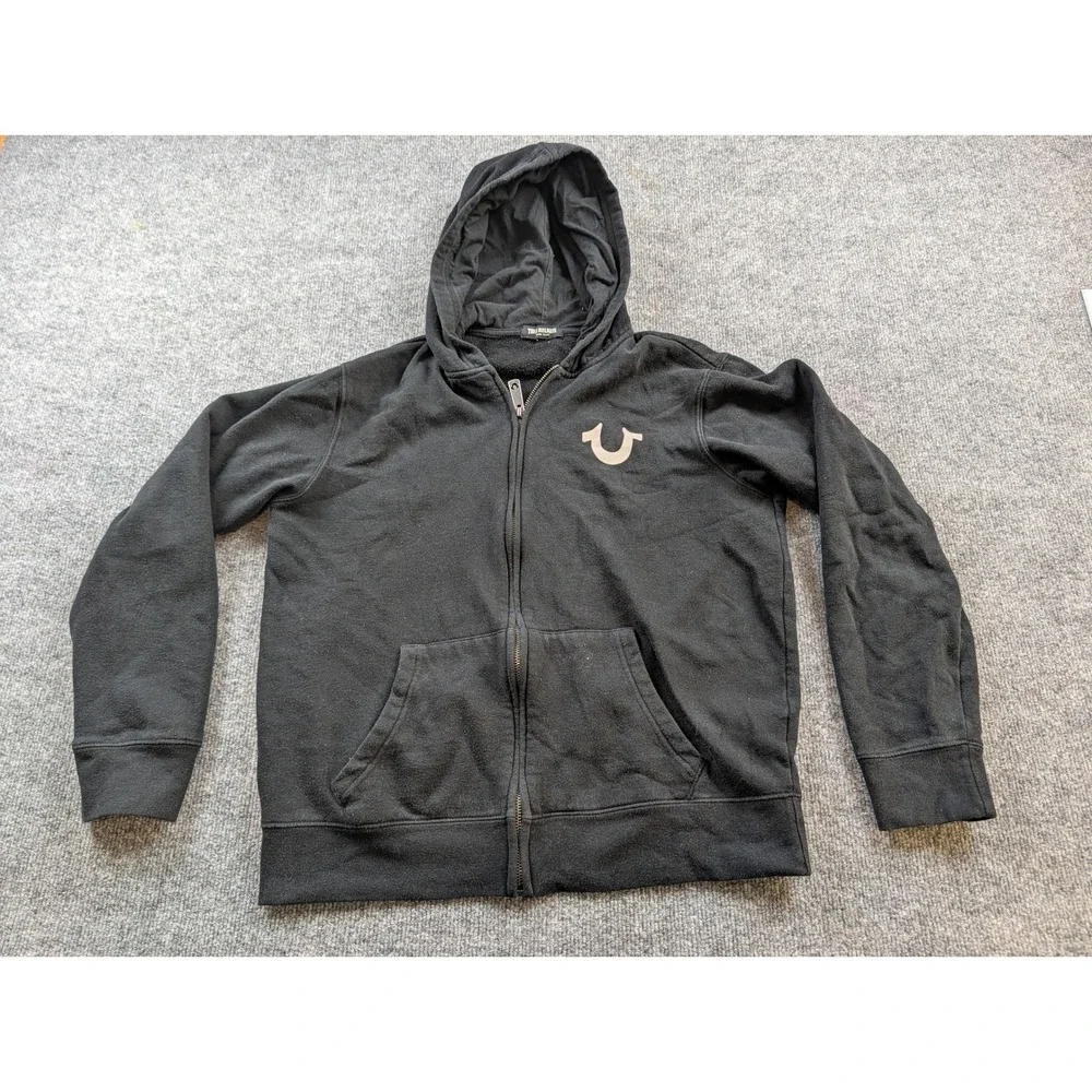 True Religion Zip Up Hoodie Mens M Black Excellent World Tour Graphic Logo